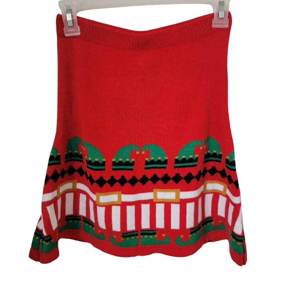 With Love Derek Size S Knit Sweater Skirt, Holiday Elf Pattern, Exc. Used Cond.